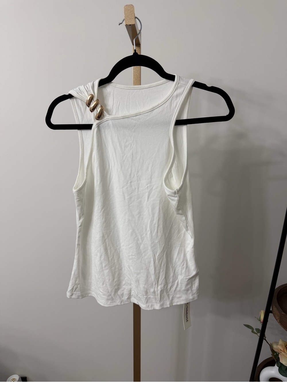 Commense White Tank Top with Gold Ring Shoulder Detail